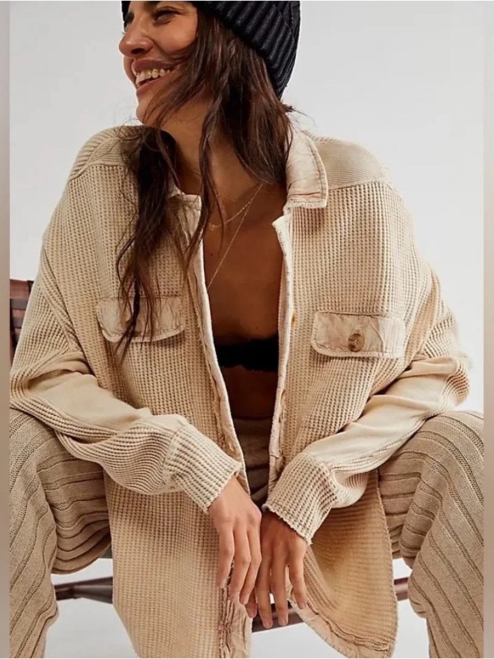 Free People FP One Waffle Knit Top Small Cream Cotton Oversized Light Shacket